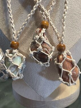 Handmade Beige Macrame Necklace with Natural Stone Pendant